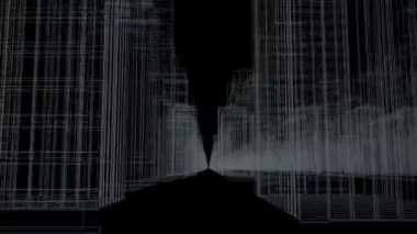 Sorunsuz döngü soyut hologram 3d şehir kavramı rendering fütüristik beyaz matris ile. Parçacıklar ağ ile dijital binalar.