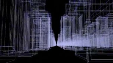 Sorunsuz döngü soyut hologram 3d şehir kavramı rendering ile fütüristik beyaz ve mavi matris. Parçacıklar ağ ile dijital binalar.