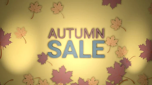 Herfst sale banner, 3d render papier kleurrijke boom bladeren op gele achtergrond. — Stockfoto