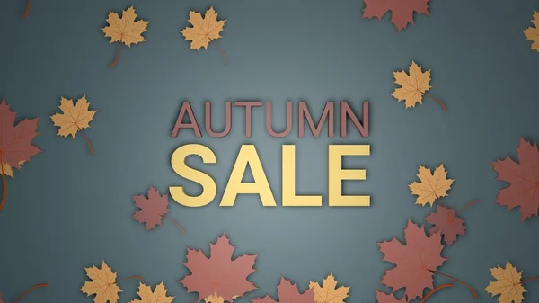 Herbst Verkauf Banner, 3D Renderpapier bunte Baumblätter auf grünem Hintergrund. — Stockfoto