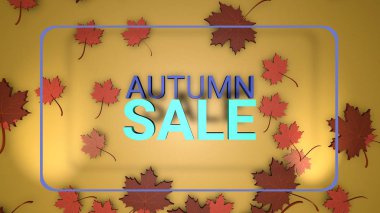 Sonbahar satışı büyük başlığı, 3d render kağıt renkli ağaç yaprakları sarı zemin üzerine. 