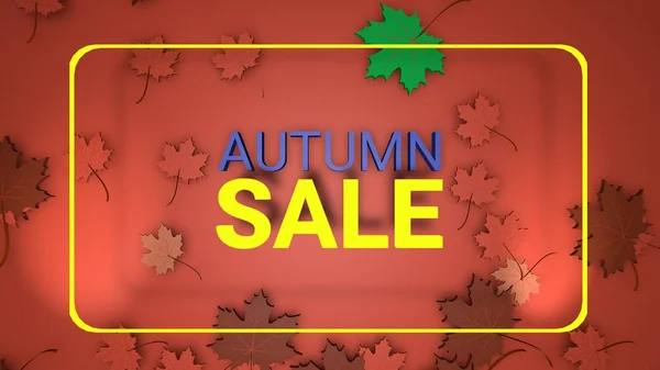 Herbst Verkauf Banner, 3D Renderpapier bunte Baumblätter auf rotem Hintergrund. — Stockfoto