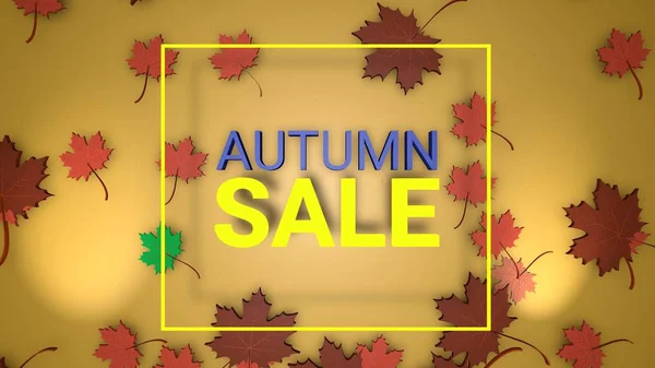 Herbst Verkauf Banner, 3D Renderpapier bunte Baumblätter auf gelbem Hintergrund. — Stockfoto