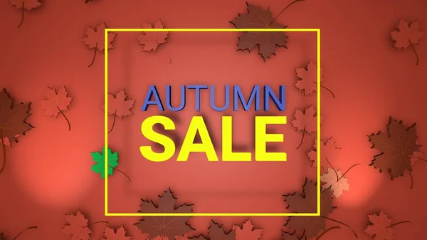 Herbst Verkauf Banner, 3D Renderpapier bunte Baumblätter auf rotem Hintergrund. — Stockfoto