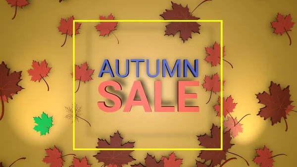 Herbst Verkauf Banner, 3D Renderpapier bunte Baumblätter auf gelbem Hintergrund. — Stockfoto