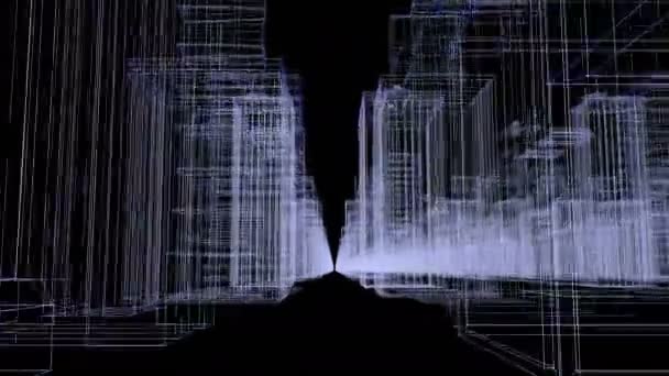 Naadloze loops abstracte hologram 3d render stad concept rendering met futuristische Blauwwitte matrix. Digitale gebouwen met deeltjes netwerk. — Stockvideo