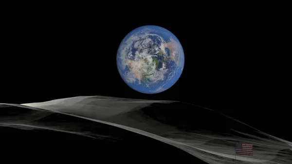 Terra da Lua vs EUA - bandeira da América. Planeta Terra a partir do espaço ilustração 3D vista orbital, nosso planeta a partir da órbita (Elementos desta imagem fornecidos pela NASA ). — Fotografia de Stock
