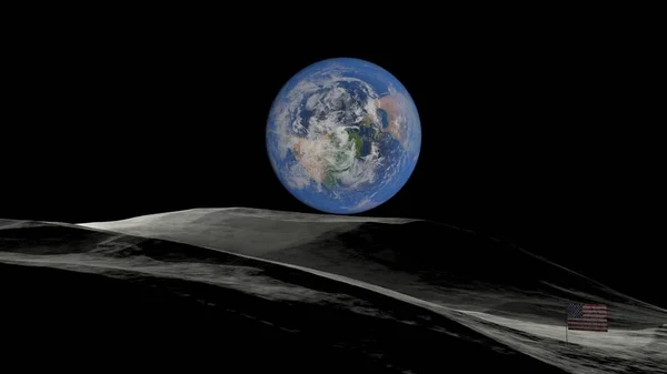 Terre de la Lune vs États-Unis drapeau américain. Planète Terre depuis l'espace Illustration 3D vue orbitale, notre planète depuis l'orbite (Eléments de cette image fournis par la NASA ). — Photo