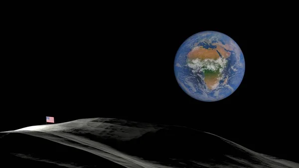Terra da Lua vs EUA - bandeira da América. Planeta Terra a partir do espaço ilustração 3D vista orbital, nosso planeta a partir da órbita (Elementos desta imagem fornecidos pela NASA ). — Fotografia de Stock