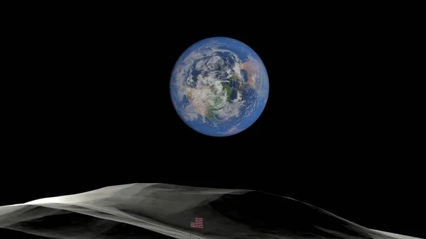 Terre de la Lune vs États-Unis drapeau américain. Planète Terre depuis l'espace Illustration 3D vue orbitale, notre planète depuis l'orbite (Eléments de cette image fournis par la NASA ). — Photo