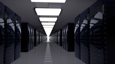 Sunucu odası rafları sunucu veri merkezi bulut. Datacenter donanım küme. 3D render. Yedekleme, Hosting, anabilgisayar, çiftlik ve bilgisayar raf Muhafazası bilgilerle