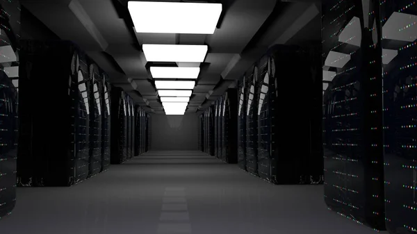 Centro de datos de la sala de servidores. 3d renderizar — Foto de Stock