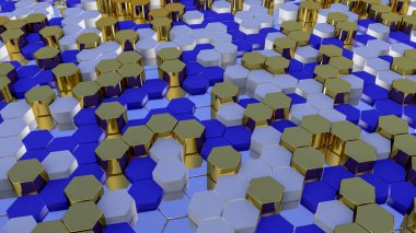 Altın ve mavi altıgen geometrik yüzeyi soyut. 3D render