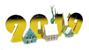 Yeni yıl 2019. Bilim-kurgu fütüristik evleri amazing Noel ışıkları dekore edilmiş. Olağandışı Noel 3d çizim kartpostal