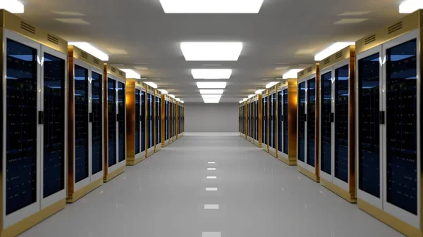 Server racks in server room cloud data center. Datacenter hardware cluster. 3d render. Backup, hosting, mainframe, farm and computer rack with storage information. 3D rendering. 3D illustration