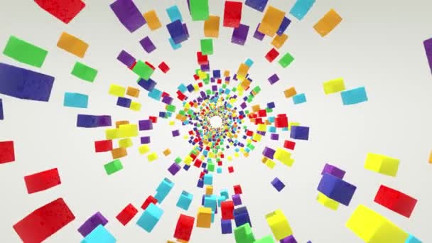Праздничный 3D рендеринг радужных кубиков на белом фоне, вращающийся бесконечный бесшовный цикл — стоковое видео