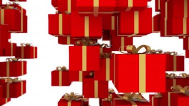 Kırmızı hediye kutuları ile altın şeritler sarılı beyaz zemin üzerine düşer. Loopable animasyon Noel, tatil ve promo olaylar için. 4 k 3d render. Döngü
