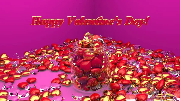 Red, gold and glass heart in jar bokeh in pink room background for Happy Valentine's day. 3d render. 3d illustration — Stock Photo, Image