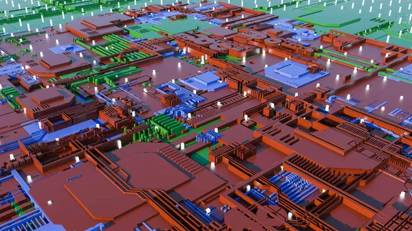 Technologia powierzchni miasto z dużą ilością szczegółów. Prosta geometria wysokość wyciągniętej do przypadkowych kształtów. renderowania 3D — Zdjęcie stockowe