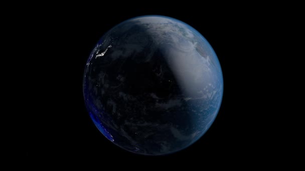 Земля. Планетные швы зациклены. Вращающийся глобус, сияющие континенты с акцентированными краями. Анимация с глубиной резкости и свечением. Земля совершает полный оборот вокруг своей оси — стоковое видео