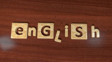 İngilizce sözcük ahşap harf tablo. İngilizce eğitim Okulu'nda. 3D çizim. 3D render