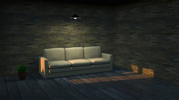 Dark interior concept, brick wall background, 3d render, 3d illustration