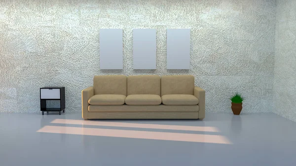 Um modelo de moldura. Sala de estar interior parede mockup. Arte de parede. renderização 3d, ilustração 3d — Fotografia de Stock