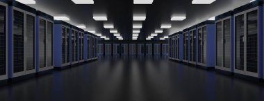 Sunucu odası veri merkezi. Datacenter donanım kümesi. Depolama bilgileriyle yedekleme, barındırma, ana bilgisayar, çiftlik ve bilgisayar rafı. 