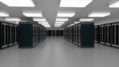 Sunucu odası veri merkezi. Datacenter donanım kümesi. Depolama bilgileriyle yedekleme, barındırma, ana bilgisayar, çiftlik ve bilgisayar rafı. 