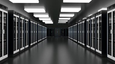 Sunucu odası veri merkezi. Datacenter donanım kümesi. Depolama bilgileriyle yedekleme, barındırma, ana bilgisayar, çiftlik ve bilgisayar rafı. 