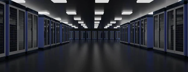 Centro de datos de la sala de servidores. Clúster de hardware del centro de datos. Copia de seguridad, hosting, mainframe, granja y rack de computadoras con información de almacenamiento . — Foto de Stock