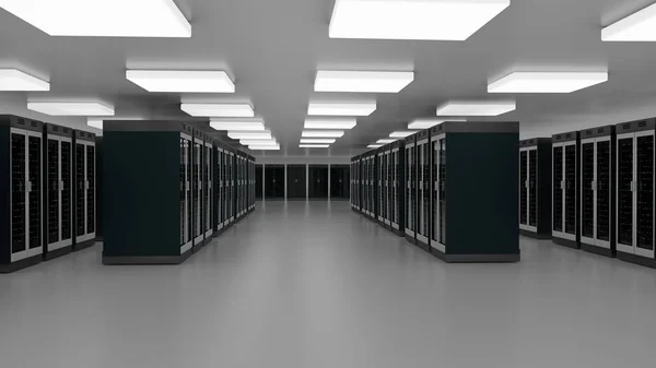 Data center della sala server. cluster hardware del Datacenter. Backup, hosting, mainframe, farm e computer rack con informazioni di archiviazione . — Foto Stock