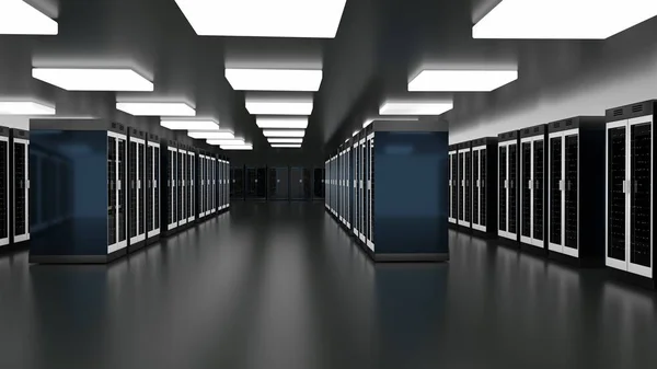 Server room data center. Datacenter hardware cluster. Backup, hosting, mainframe, farm and computer rack with storage information. — Stock Photo, Image