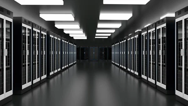 服务器机房数据中心。数据中心硬件群集。备份、托管、大型机、服务器场和计算机机架，以及存储信息. — 图库照片