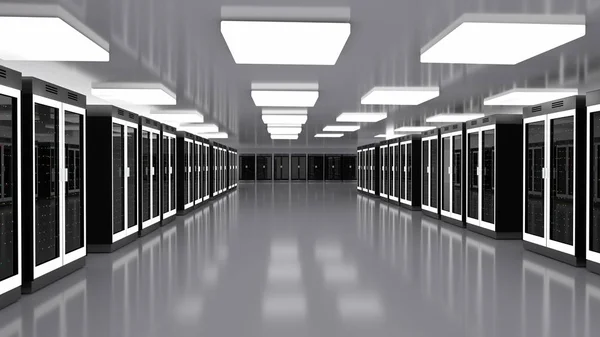 Centrum danych pomieszczenia serwerowego. Klaster sprzętowy Datacenter. Kopia zapasowa, hosting, mainframe, Farma i stojak komputerowy z informacjami o przechowywaniu. — Zdjęcie stockowe