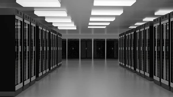 Centro de datos de la sala de servidores. Clúster de hardware del centro de datos. Copia de seguridad, hosting, mainframe, granja y rack de computadoras con información de almacenamiento . — Foto de Stock