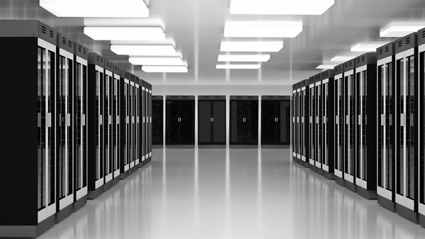 Server room data center. Backup, hosting, mainframe, farm and computer rack with storage information. — Stock Photo, Image