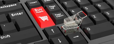 Online alışveriş konsepti. Satın Al düğmesi ve alışveriş sepeti arabası simgesi içeren klavyeler. Eticaret. 3d illüstrasyon. 3d render
