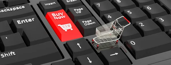 Online alışveriş konsepti. Satın Al düğmesi ve alışveriş sepeti arabası simgesi içeren klavyeler. Eticaret. 3d illüstrasyon. 3d render