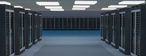 Centro de datos de la sala de servidores. Copia de seguridad, hosting, mainframe, granja y rack de computadoras con información de almacenamiento . — Foto de Stock