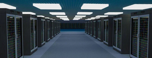 Centro de dados da sala do servidor. Backup, hospedagem, mainframe, fazenda e rack de computador com informações de armazenamento . — Fotografia de Stock