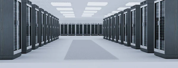 Centro de dados da sala do servidor. Backup, hospedagem, mainframe, fazenda e rack de computador com informações de armazenamento . — Fotografia de Stock