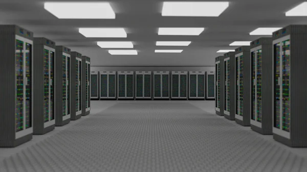 Centro de datos de la sala de servidores. Copia de seguridad, hosting, mainframe, granja y rack de computadoras con información de almacenamiento . — Foto de Stock