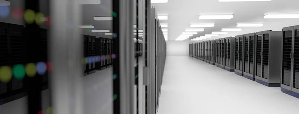 Centro de dados da sala do servidor. Backup, hospedagem, mainframe, fazenda e rack de computador com informações de armazenamento . — Fotografia de Stock