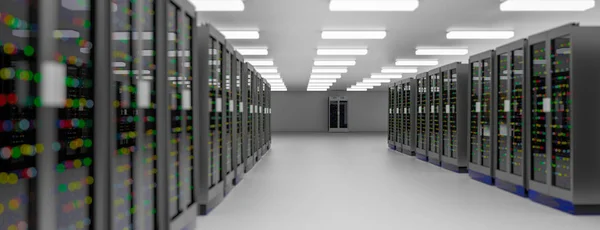 Центр обработки данных серверной. Резервное копирование, хостинг, мэйнфрейм, ферма и компьютерная стойка с информацией для хранения . — стоковое фото