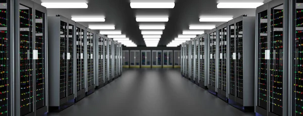 Server room data center. Backup, hosting, mainframe, farm and computer rack with storage information. — Stock Photo, Image