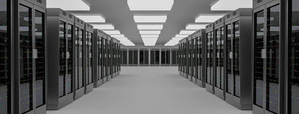 服务器机房数据中心。备份、托管、大型机、服务器场和计算机机架,以及存储信息. — 图库照片