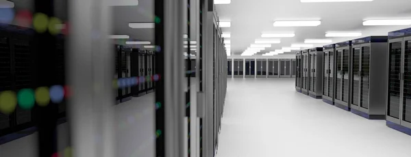 Serverraum Rechenzentrum. Backup, Hosting, Großrechner, Bauernhof und Computerregal mit Speicherinformationen. — Stockfoto