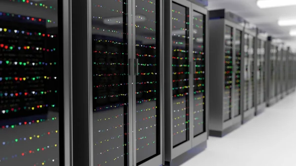 Data center della sala server. Backup, hosting, mainframe, farm e computer rack con informazioni di archiviazione . — Foto Stock