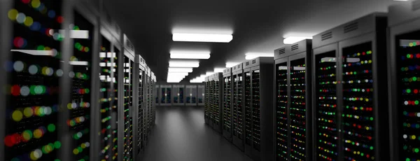 Data center della sala server. Backup, hosting, mainframe, farm e computer rack con informazioni di archiviazione . — Foto Stock